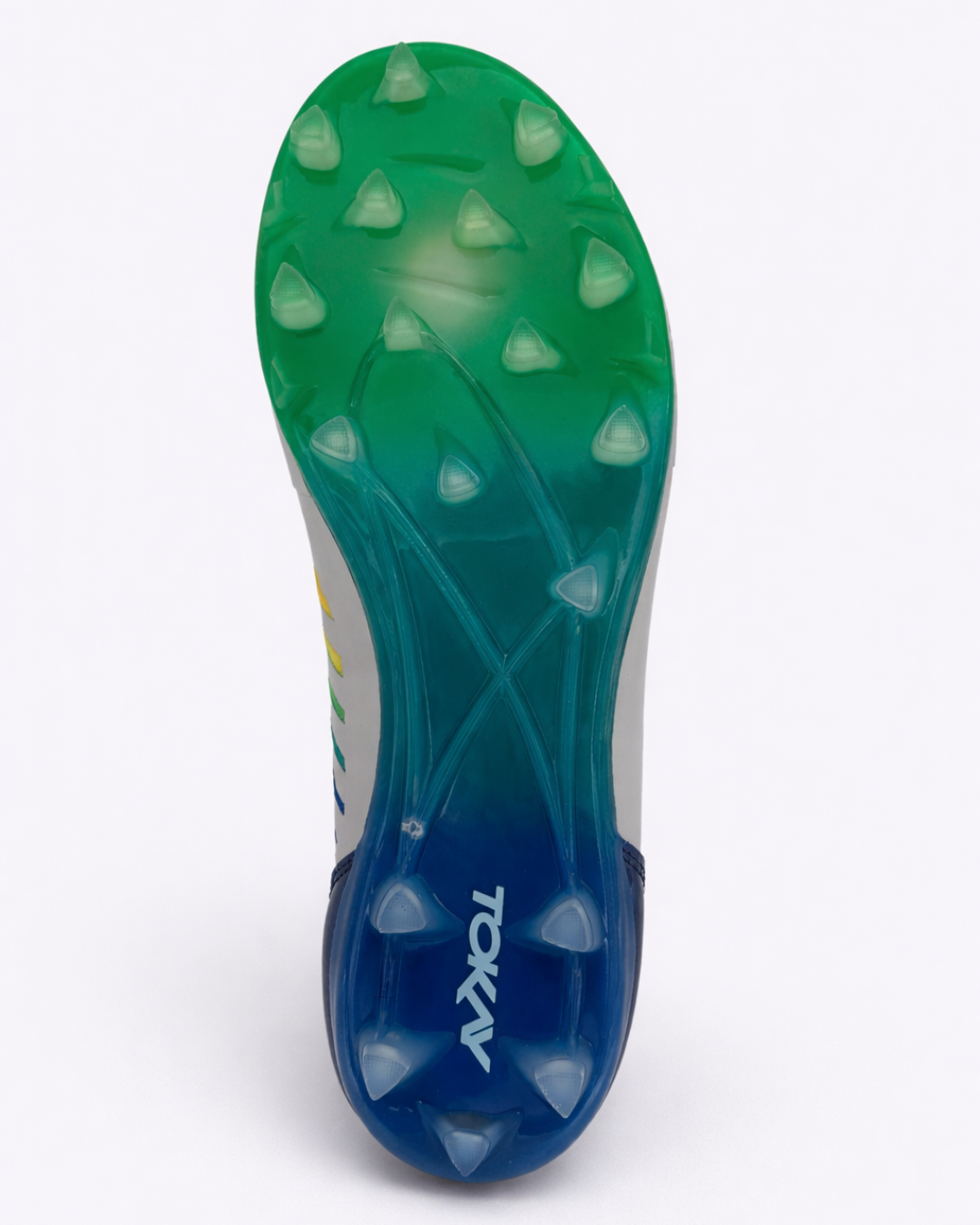 The outsole of an ultimatefrisbee shoe, featuring the wide sole providing stability and the numerous studs providing grip and control.